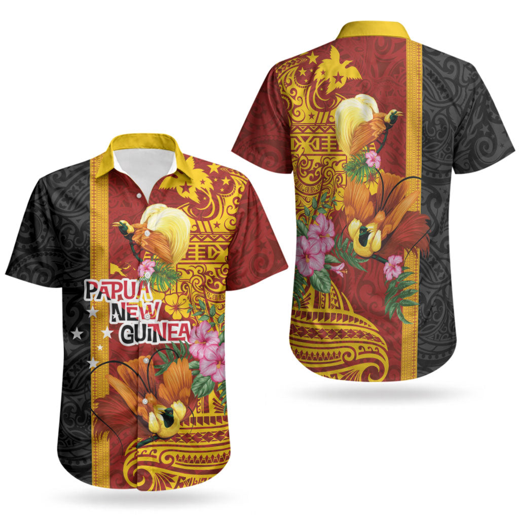 Papua New Guinea Independence Day Couples Matching Long Sleeve Bodycon Dress and Hawaiian Shirt Birds-of-Paradise Melanesian Tattoos Tropical Plants