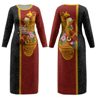 Papua New Guinea Independence Day Couples Matching Long Sleeve Bodycon Dress and Hawaiian Shirt Birds-of-Paradise Melanesian Tattoos Tropical Plants
