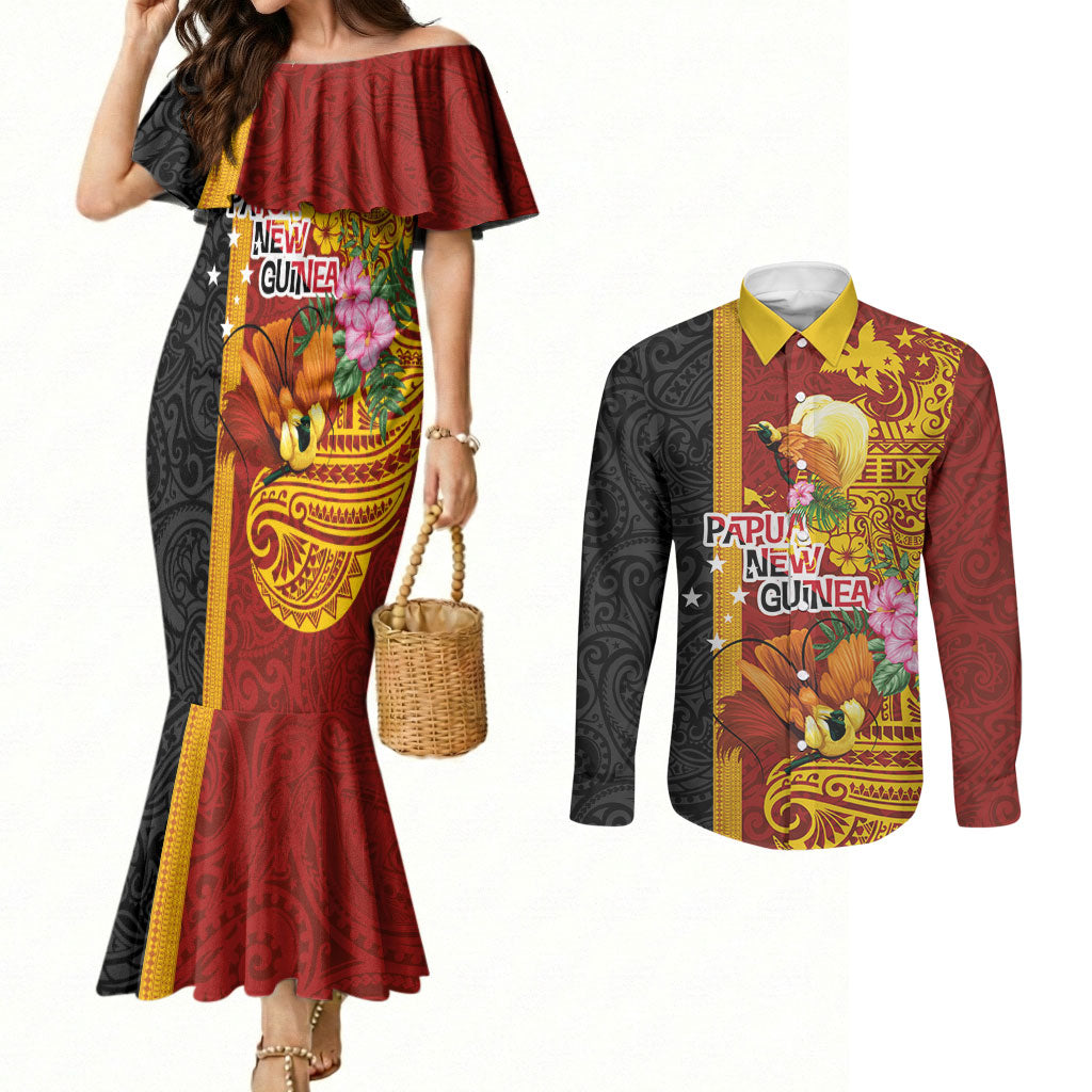 Papua New Guinea Independence Day Couples Matching Mermaid Dress and Long Sleeve Button Shirt Birds-of-Paradise Melanesian Tattoos Tropical Plants LT03 Multicolor - Polynesian Pride