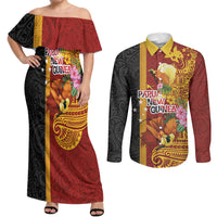 Papua New Guinea Independence Day Couples Matching Off Shoulder Maxi Dress and Long Sleeve Button Shirt Birds-of-Paradise Melanesian Tattoos Tropical Plants