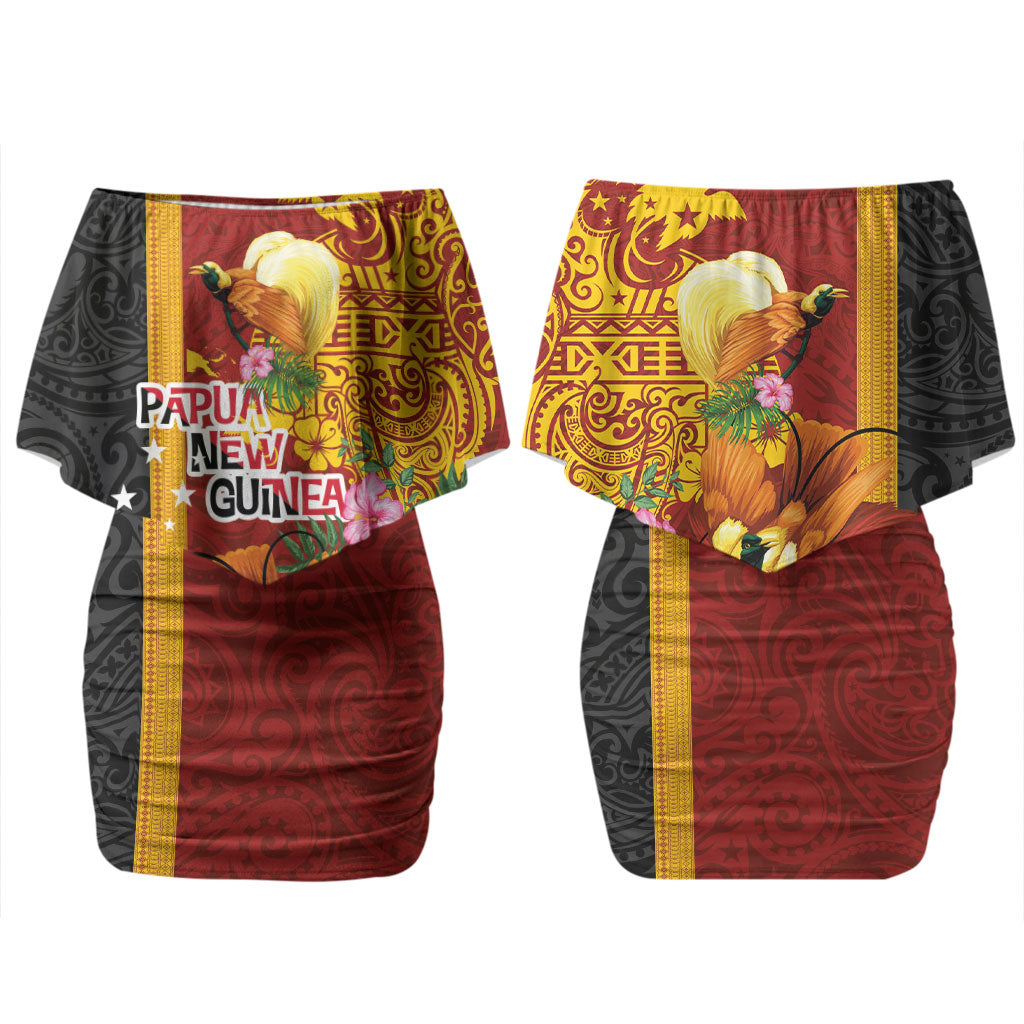 Papua New Guinea Independence Day Couples Matching Off Shoulder Short Dress and Long Sleeve Button Shirt Birds-of-Paradise Melanesian Tattoos Tropical Plants