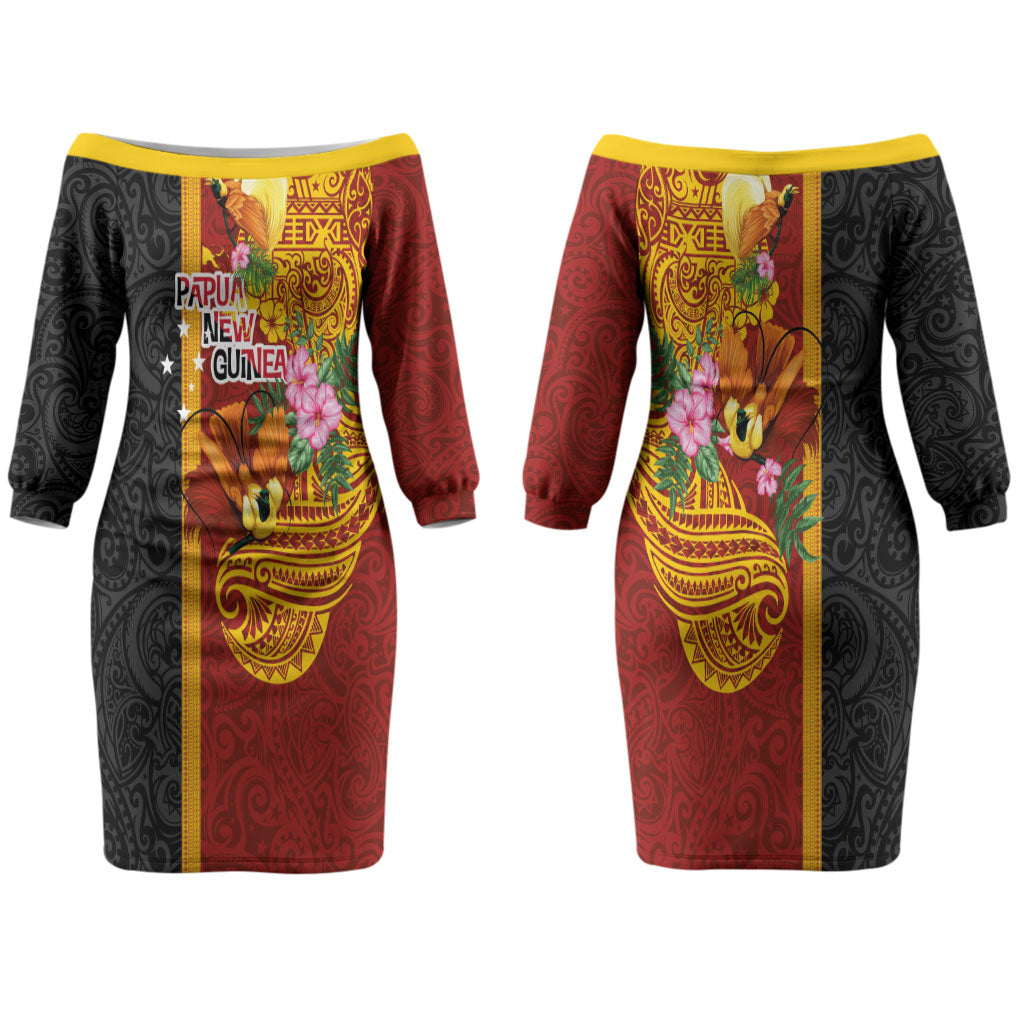Papua New Guinea Independence Day Couples Matching Off The Shoulder Long Sleeve Dress and Hawaiian Shirt Birds-of-Paradise Melanesian Tattoos Tropical Plants