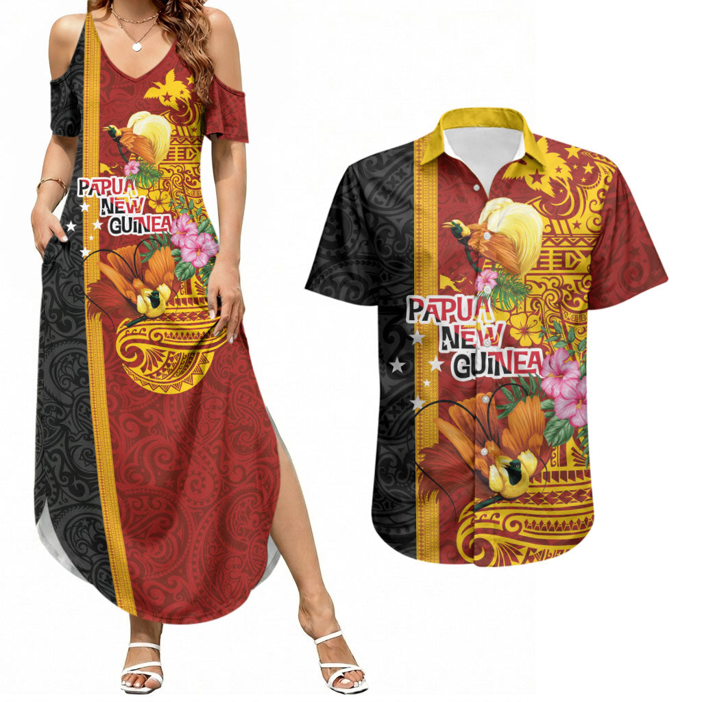 Papua New Guinea Independence Day Couples Matching Summer Maxi Dress and Hawaiian Shirt Birds-of-Paradise Melanesian Tattoos Tropical Plants