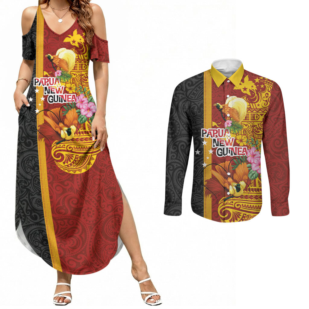 Papua New Guinea Independence Day Couples Matching Summer Maxi Dress and Long Sleeve Button Shirt Birds-of-Paradise Melanesian Tattoos Tropical Plants