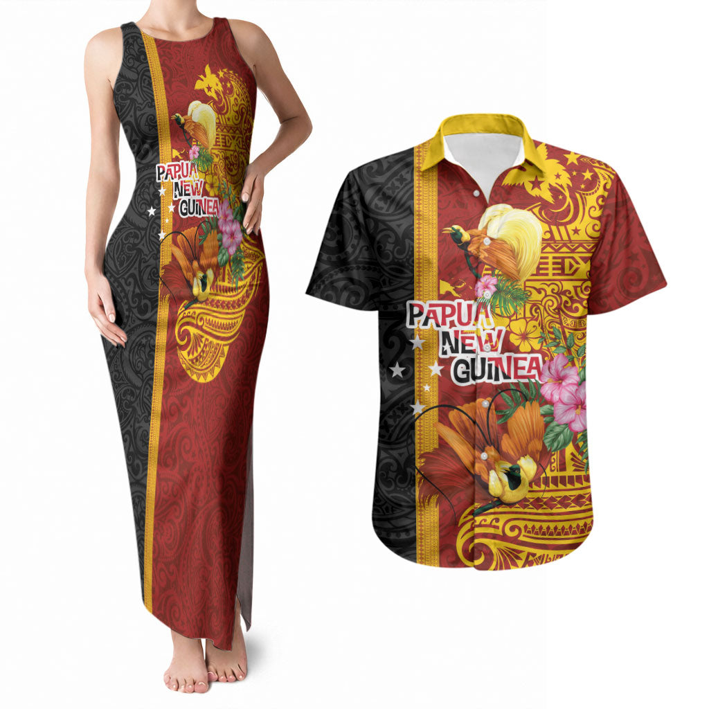 Papua New Guinea Independence Day Couples Matching Tank Maxi Dress and Hawaiian Shirt Birds-of-Paradise Melanesian Tattoos Tropical Plants