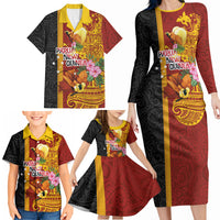 Papua New Guinea Independence Day Family Matching Long Sleeve Bodycon Dress and Hawaiian Shirt Birds-of-Paradise Melanesian Tattoos Tropical Plants