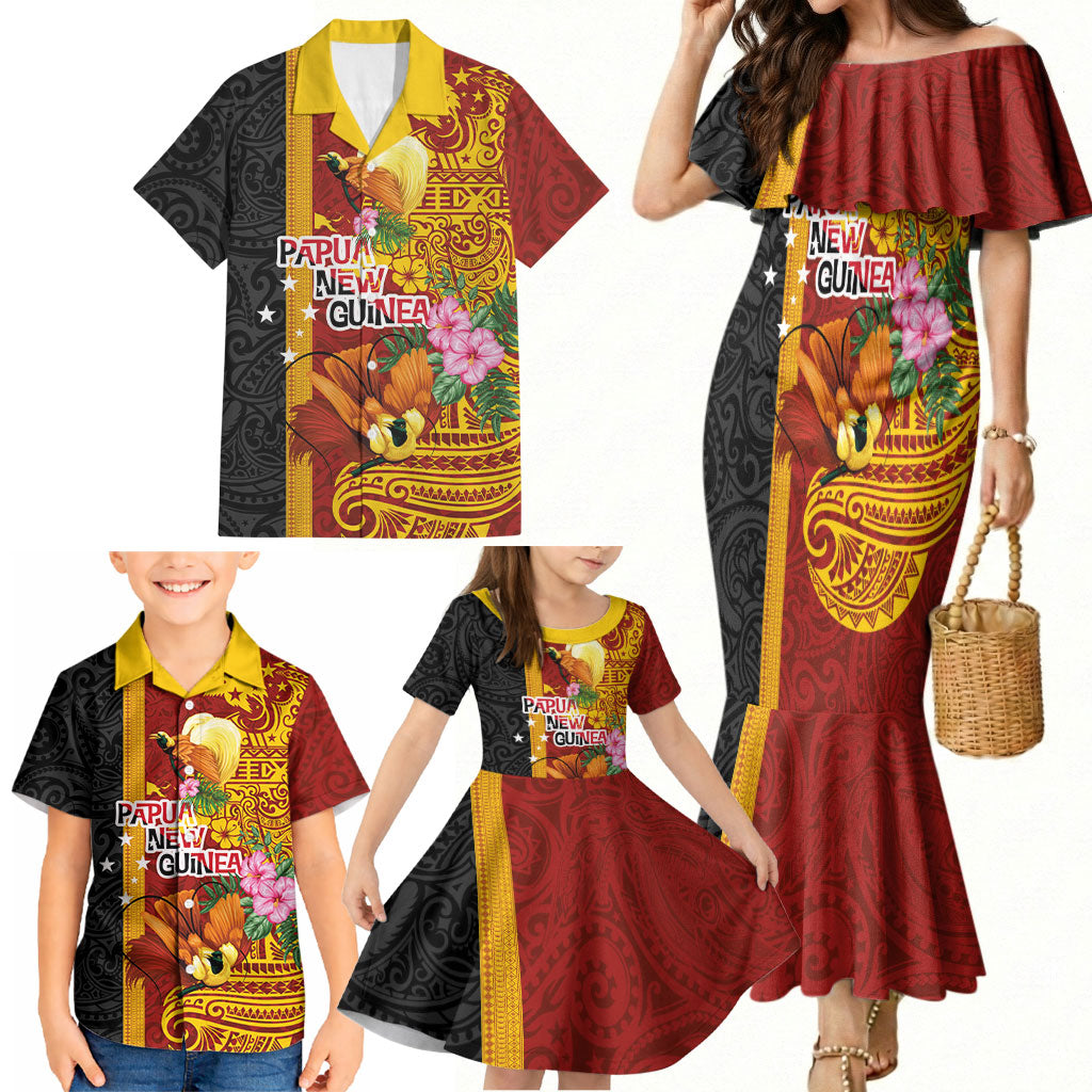 Papua New Guinea Independence Day Family Matching Mermaid Dress and Hawaiian Shirt Birds-of-Paradise Melanesian Tattoos Tropical Plants