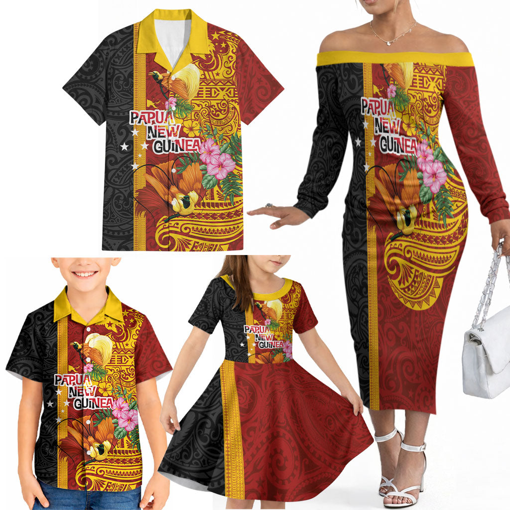 Papua New Guinea Independence Day Family Matching Off The Shoulder Long Sleeve Dress and Hawaiian Shirt Birds-of-Paradise Melanesian Tattoos Tropical Plants