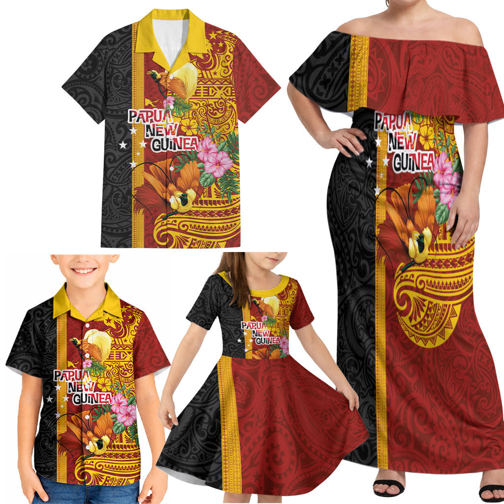 Papua New Guinea Independence Day Family Matching Off Shoulder Maxi Dress and Hawaiian Shirt Birds-of-Paradise Melanesian Tattoos Tropical Plants