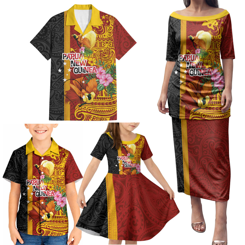 Papua New Guinea Independence Day Family Matching Puletasi and Hawaiian Shirt Birds-of-Paradise Melanesian Tattoos Tropical Plants