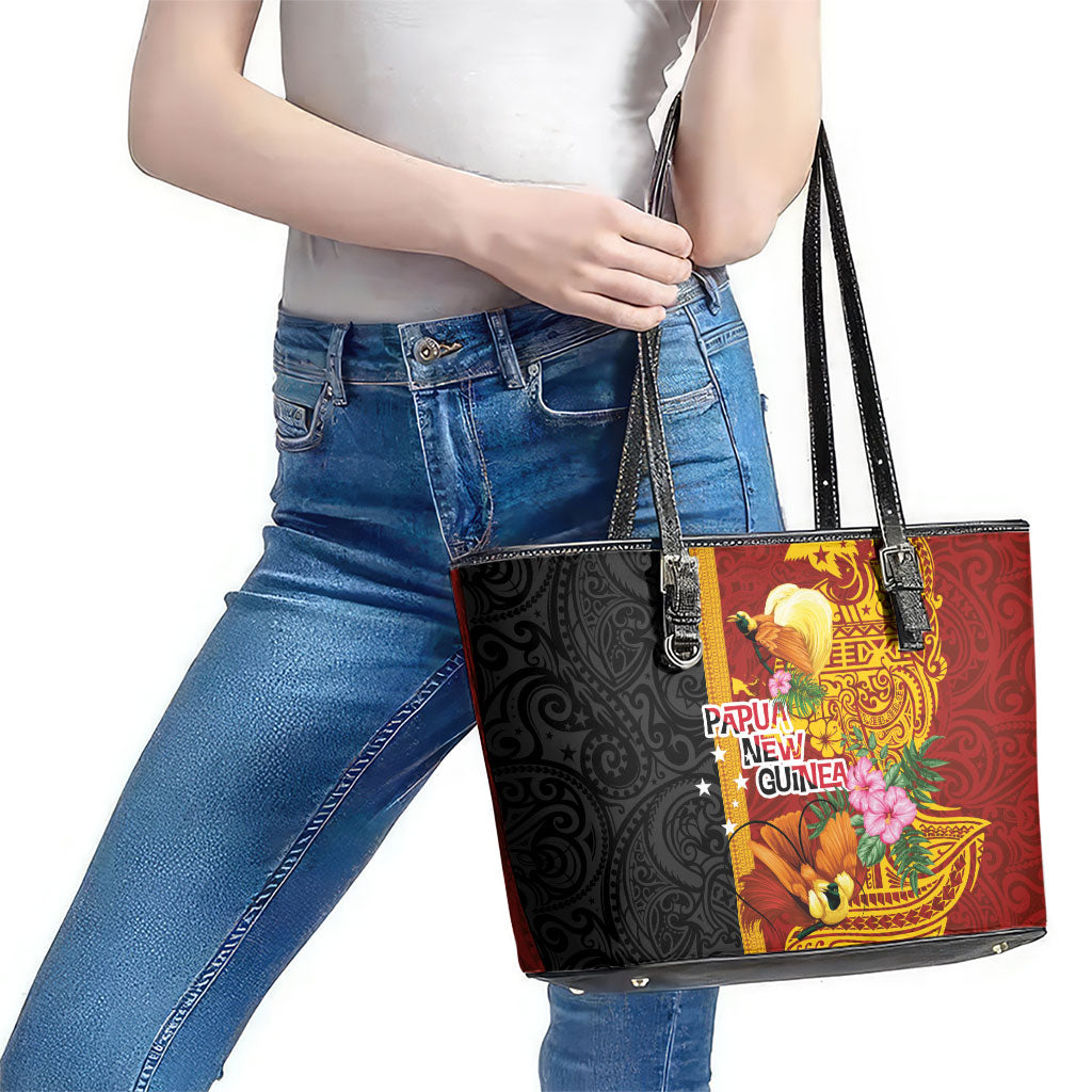Papua New Guinea Independence Day Leather Tote Bag Birds-of-Paradise Melanesian Tattoos Tropical Plants