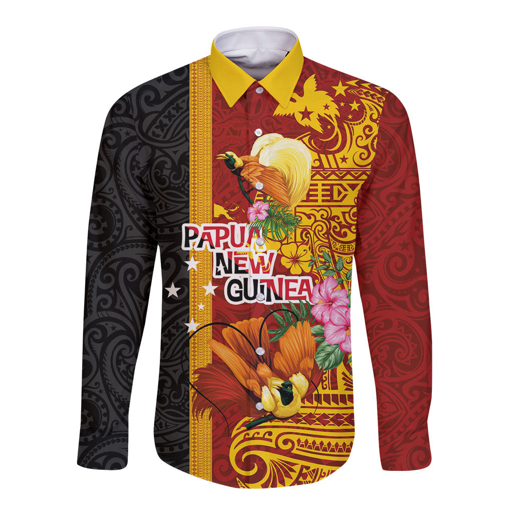 Papua New Guinea Independence Day Long Sleeve Button Shirt Birds-of-Paradise Melanesian Tattoos Tropical Plants