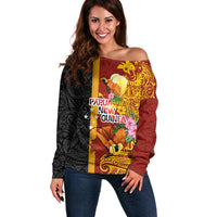 Papua New Guinea Independence Day Off Shoulder Sweater Birds-of-Paradise Melanesian Tattoos Tropical Plants