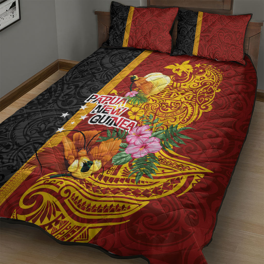 Papua New Guinea Independence Day Quilt Bed Set Birds-of-Paradise Melanesian Tattoos Tropical Plants
