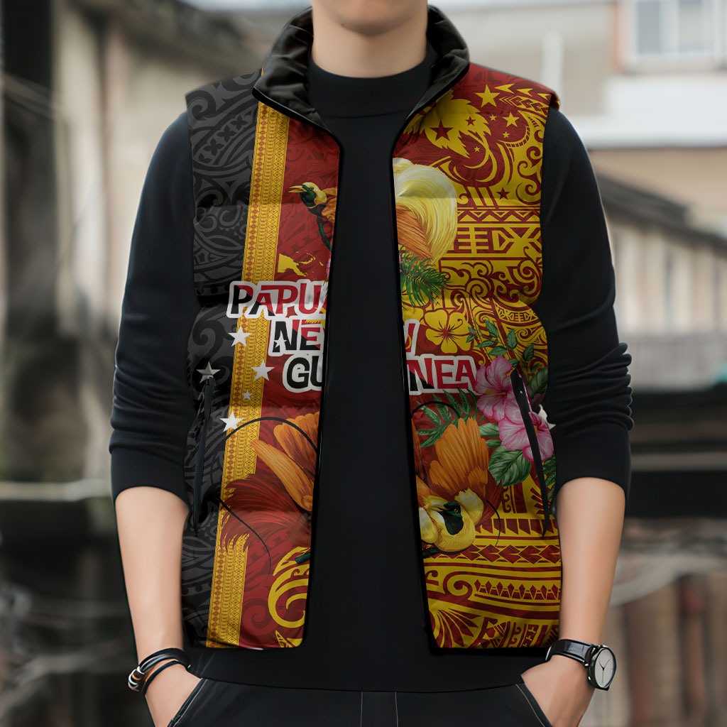 Papua New Guinea Independence Day Sleeveless Puffer Jacket Birds-of-Paradise Melanesian Tattoos Tropical Plants
