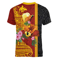 Papua New Guinea Independence Day Women V-Neck T-Shirt Birds-of-Paradise Melanesian Tattoos Tropical Plants