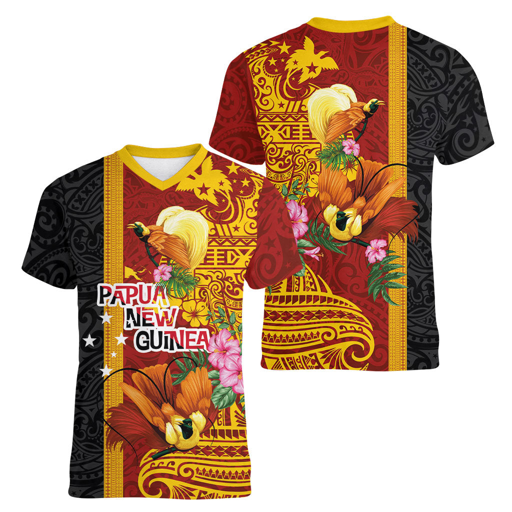 Papua New Guinea Independence Day Women V-Neck T-Shirt Birds-of-Paradise Melanesian Tattoos Tropical Plants