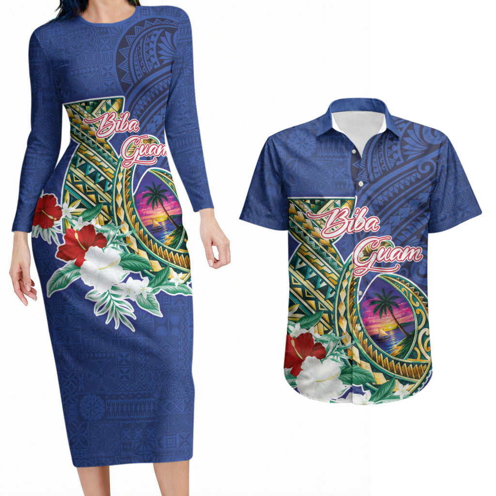 Guam Chamorro Couples Matching Long Sleeve Bodycon Dress and Hawaiian Shirt Tribal Latte Stone and Seal Artwork Polynesian Patterns LT03 Multicolor - Polynesian Pride