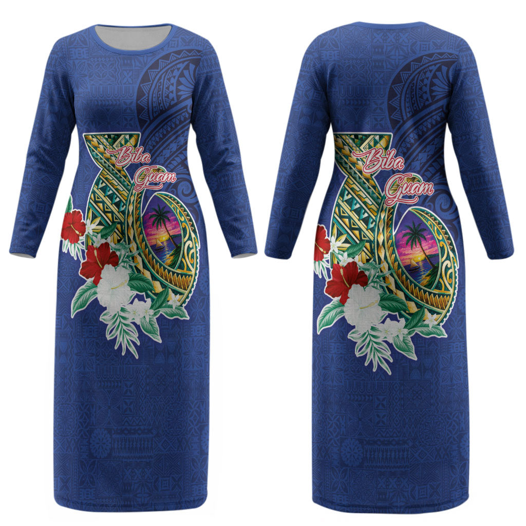 Guam Chamorro Couples Matching Long Sleeve Bodycon Dress and Hawaiian Shirt Tribal Latte Stone and Seal Artwork Polynesian Patterns
