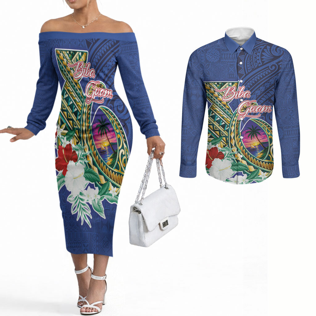 Guam Chamorro Couples Matching Off The Shoulder Long Sleeve Dress and Long Sleeve Button Shirt Tribal Latte Stone and Seal Artwork Polynesian Patterns LT03 Multicolor - Polynesian Pride