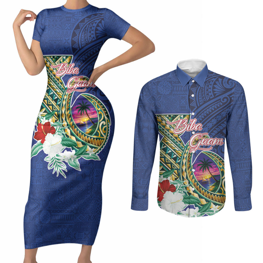 Guam Chamorro Couples Matching Short Sleeve Bodycon Dress and Long Sleeve Button Shirt Tribal Latte Stone and Seal Artwork Polynesian Patterns