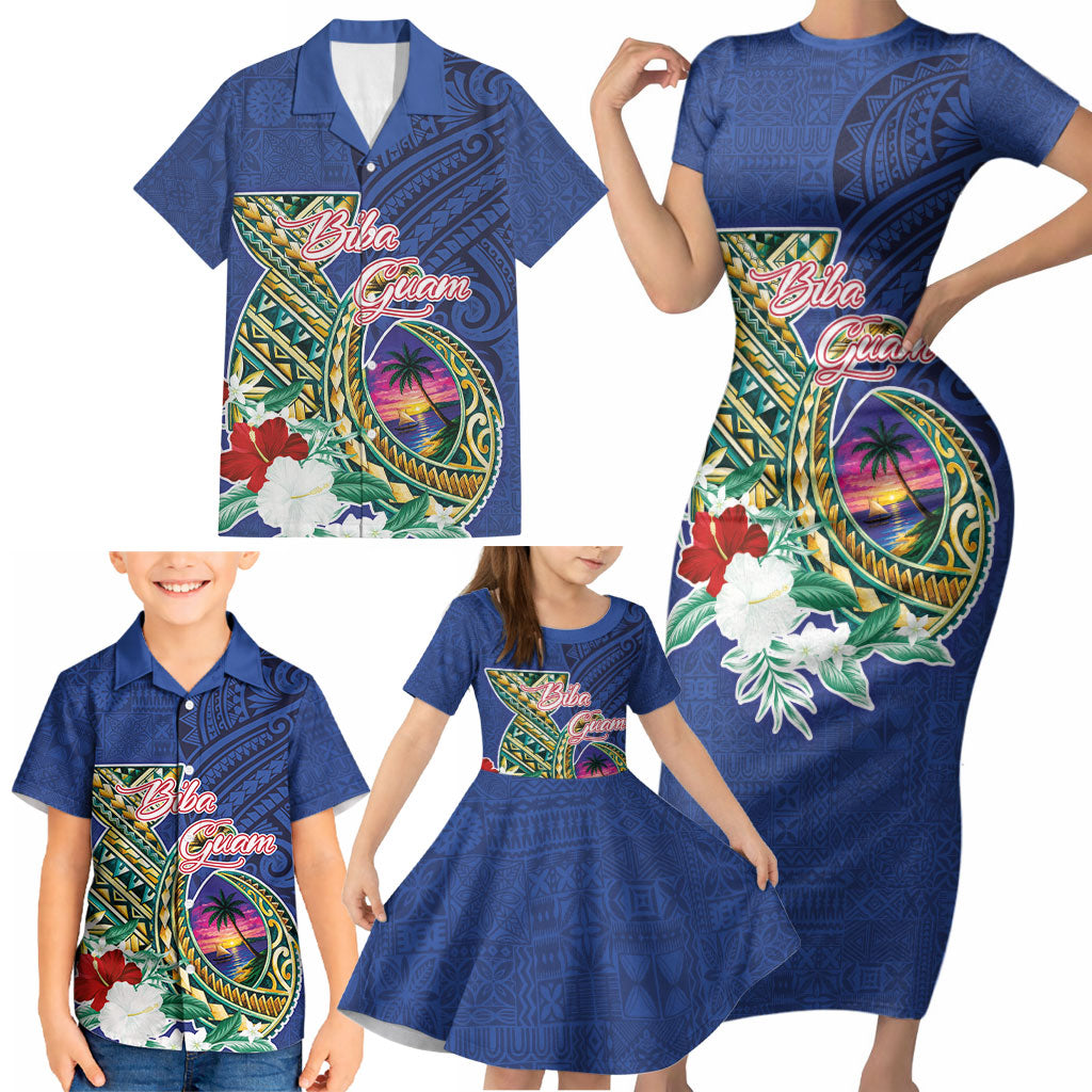 Guam Chamorro Family Matching Short Sleeve Bodycon Dress and Hawaiian Shirt Tribal Latte Stone and Seal Artwork Polynesian Patterns
