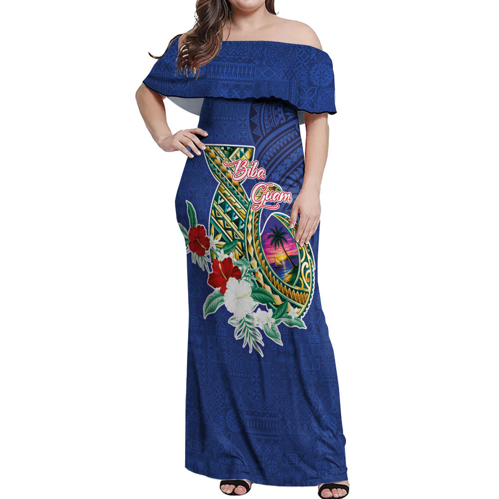 Guam Chamorro Off Shoulder Maxi Dress Tribal Latte Stone and Seal Artwork Polynesian Patterns