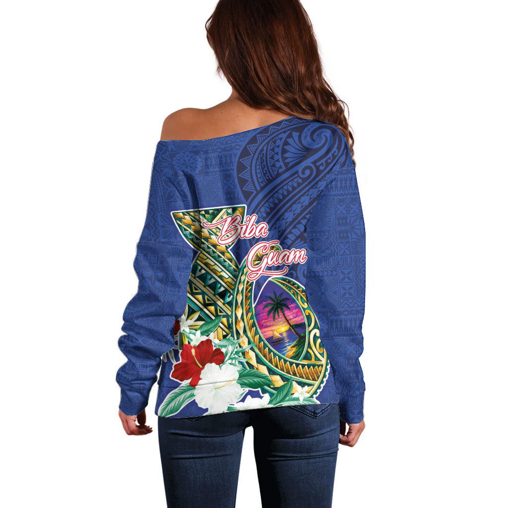 Guam Chamorro Off Shoulder Sweater Tribal Latte Stone and Seal Artwork Polynesian Patterns