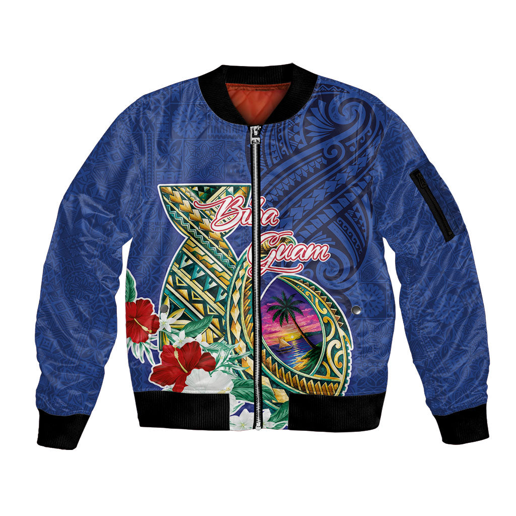 Guam Chamorro Sleeve Zip Bomber Jacket Tribal Latte Stone and Seal Artwork Polynesian Patterns