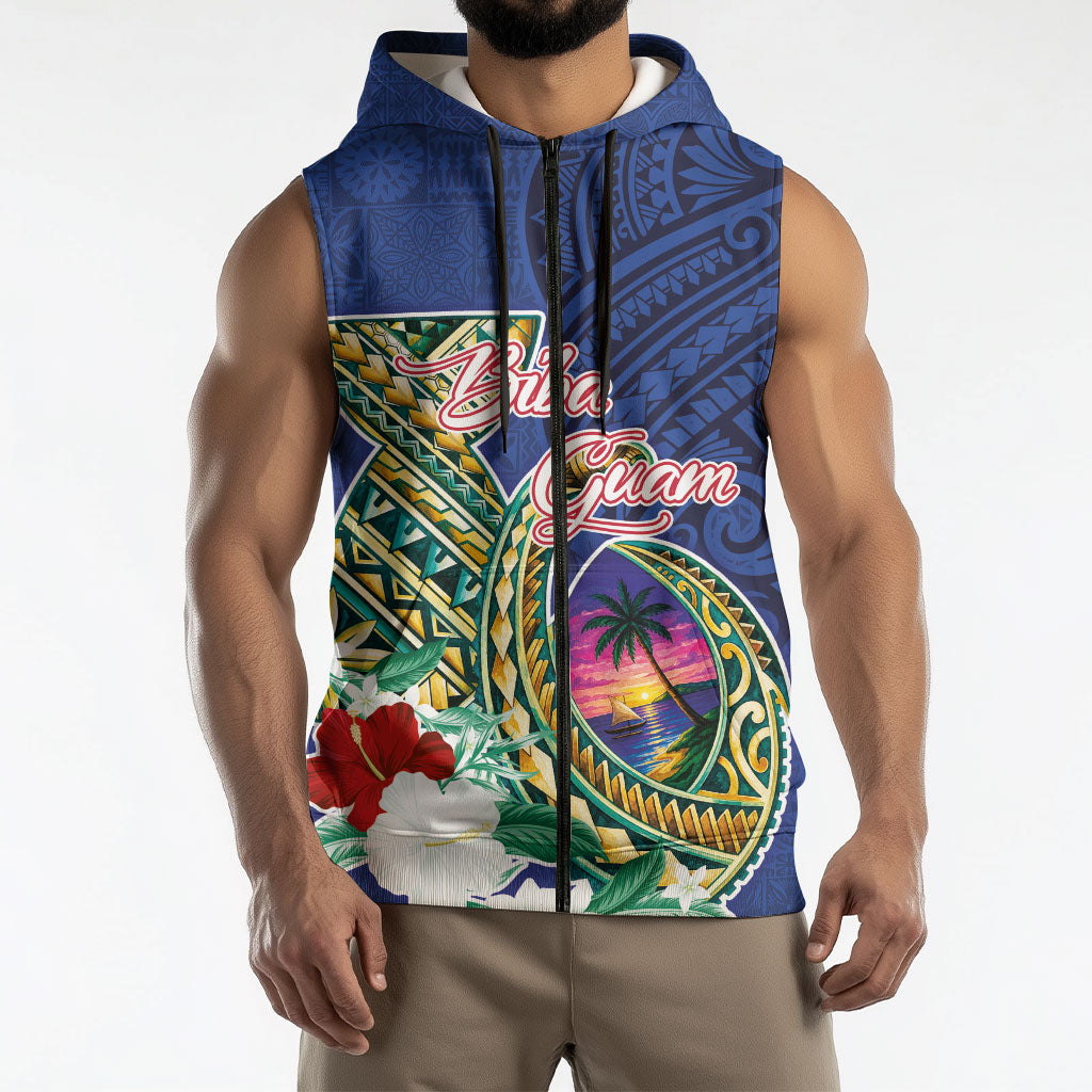 Guam Chamorro Sleeveless Zip Hoodie Tribal Latte Stone and Seal Artwork Polynesian Patterns