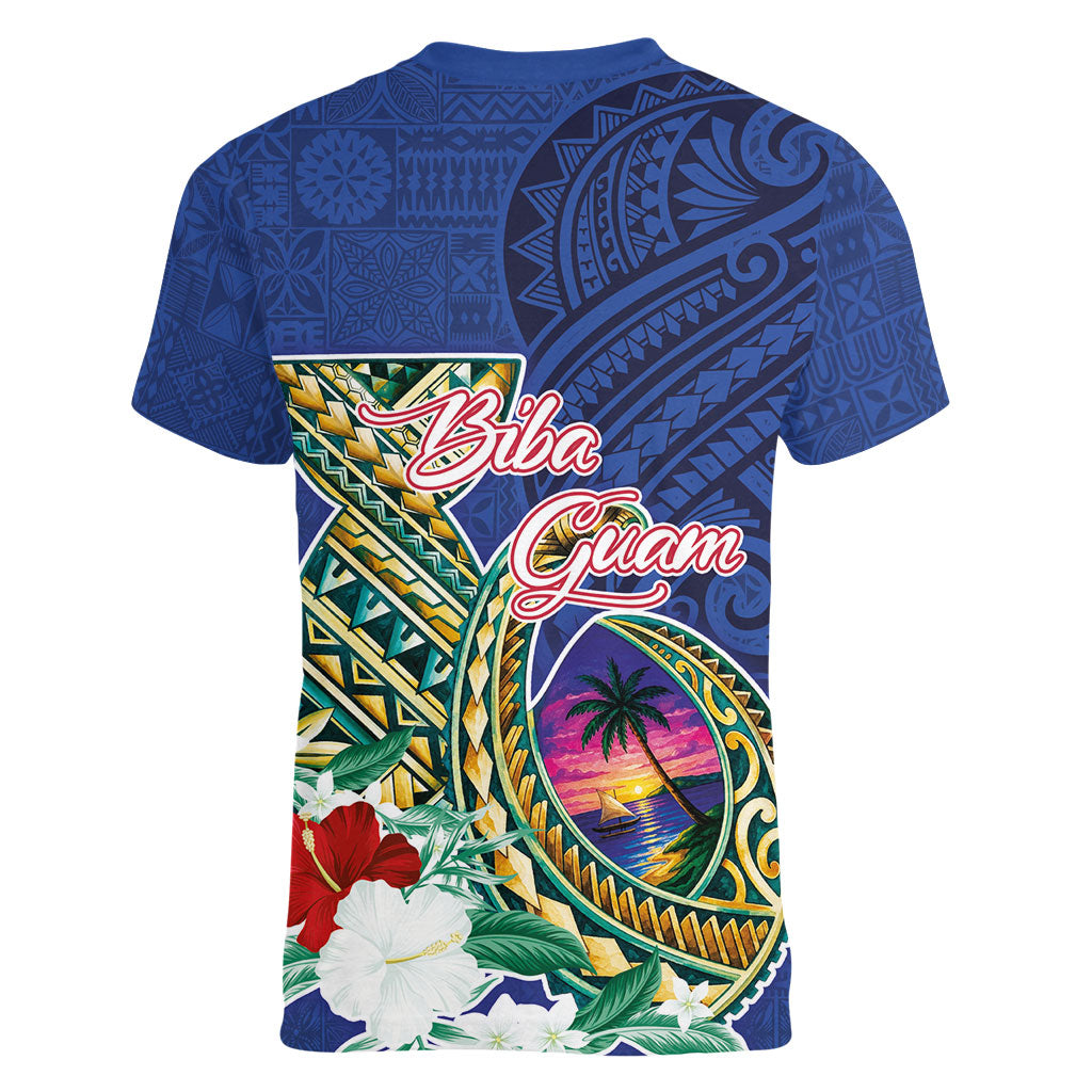 Guam Chamorro Women V-Neck T-Shirt Tribal Latte Stone and Seal Artwork Polynesian Patterns