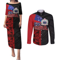 Personalised Samoa 685 Couples Matching Puletasi and Long Sleeve Button Shirt Siapo Pattern and Samoa Flag Design