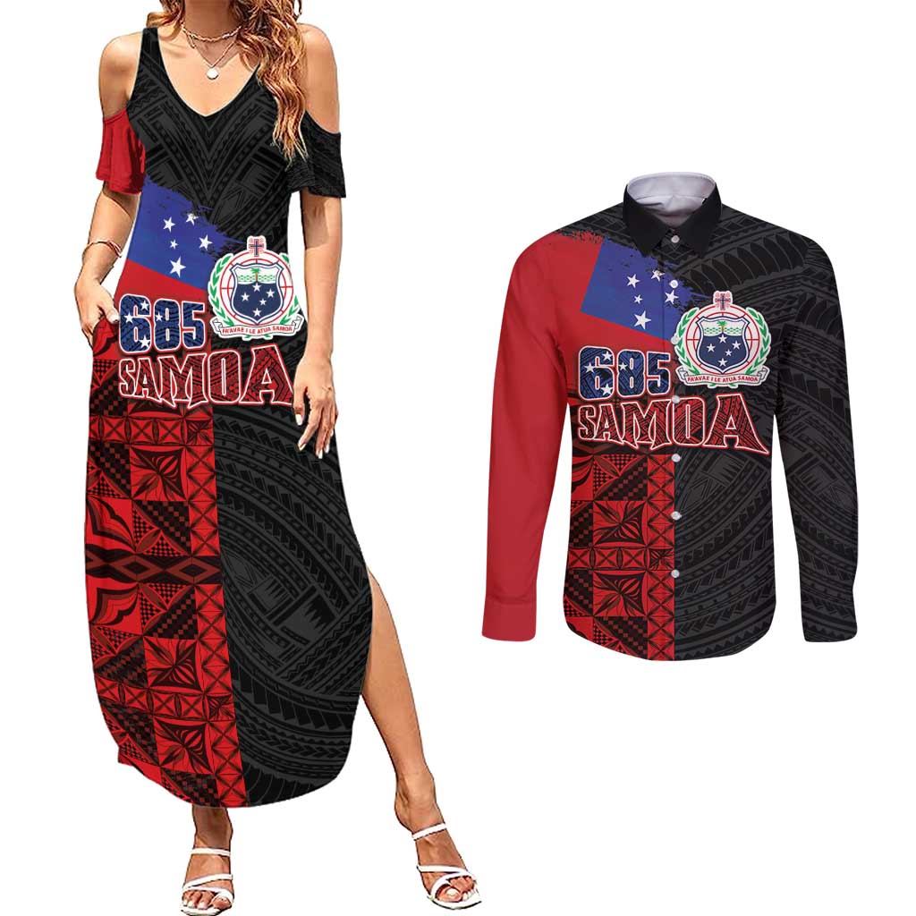 Personalised Samoa 685 Couples Matching Summer Maxi Dress and Long Sleeve Button Shirt Siapo Pattern and Samoa Flag Design