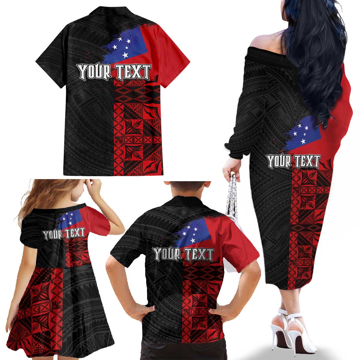 Personalised Samoa 685 Family Matching Off The Shoulder Long Sleeve Dress and Hawaiian Shirt Siapo Pattern and Samoa Flag Design