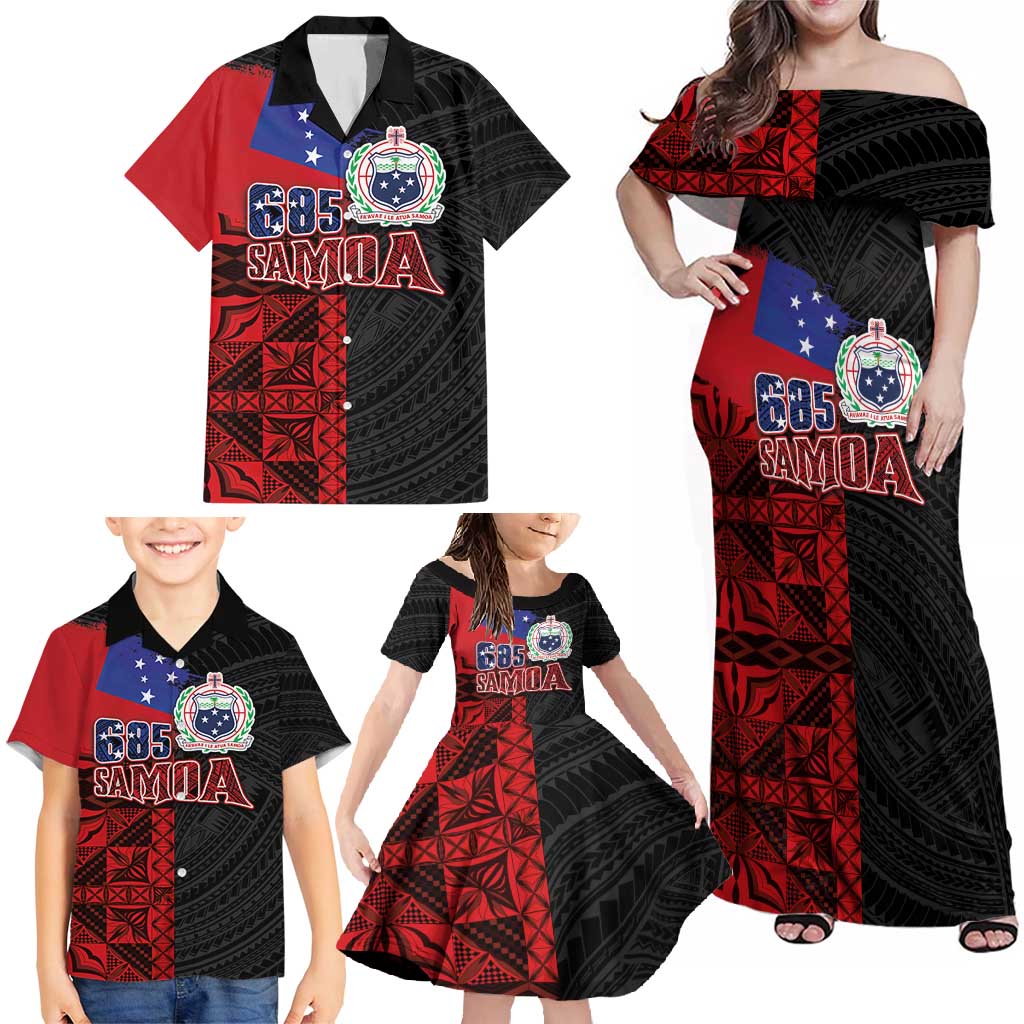 Personalised Samoa 685 Family Matching Off Shoulder Maxi Dress and Hawaiian Shirt Siapo Pattern and Samoa Flag Design