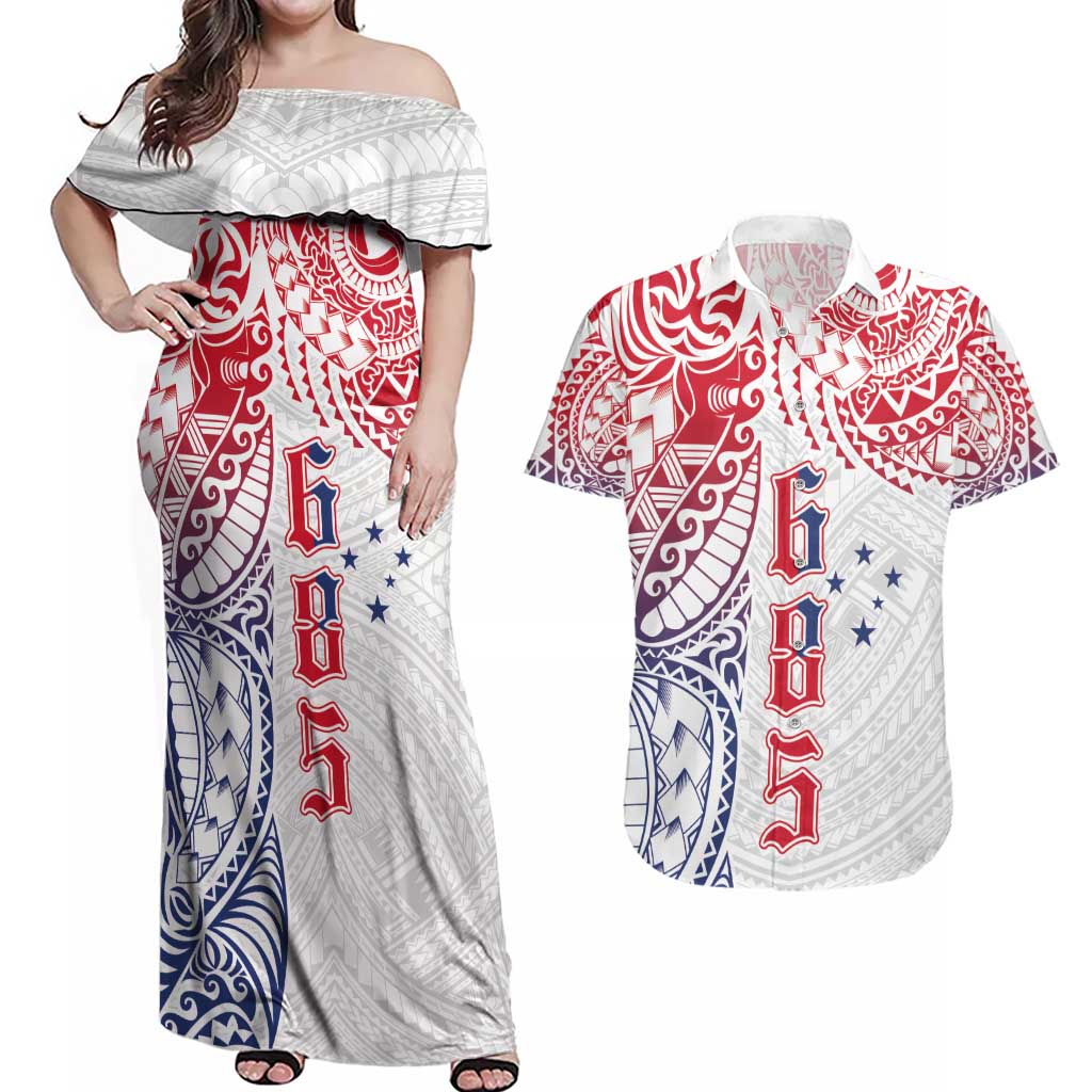 Samoa 685 Art Traditional Tattoo Pattern Couples Matching Off Shoulder Maxi Dress and Hawaiian Shirt Gradient Color