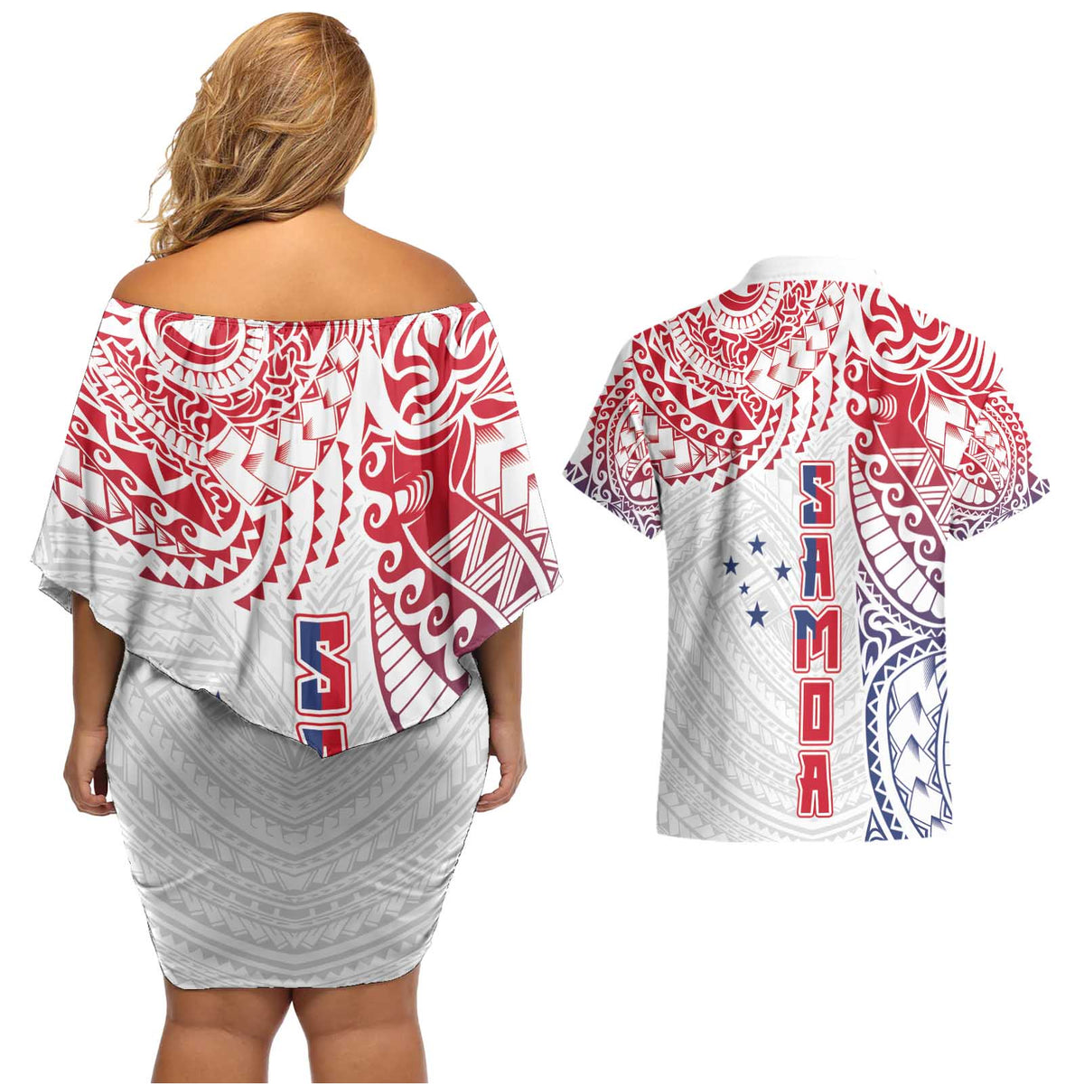 Samoa 685 Art Traditional Tattoo Pattern Couples Matching Off Shoulder Short Dress and Hawaiian Shirt Gradient Color