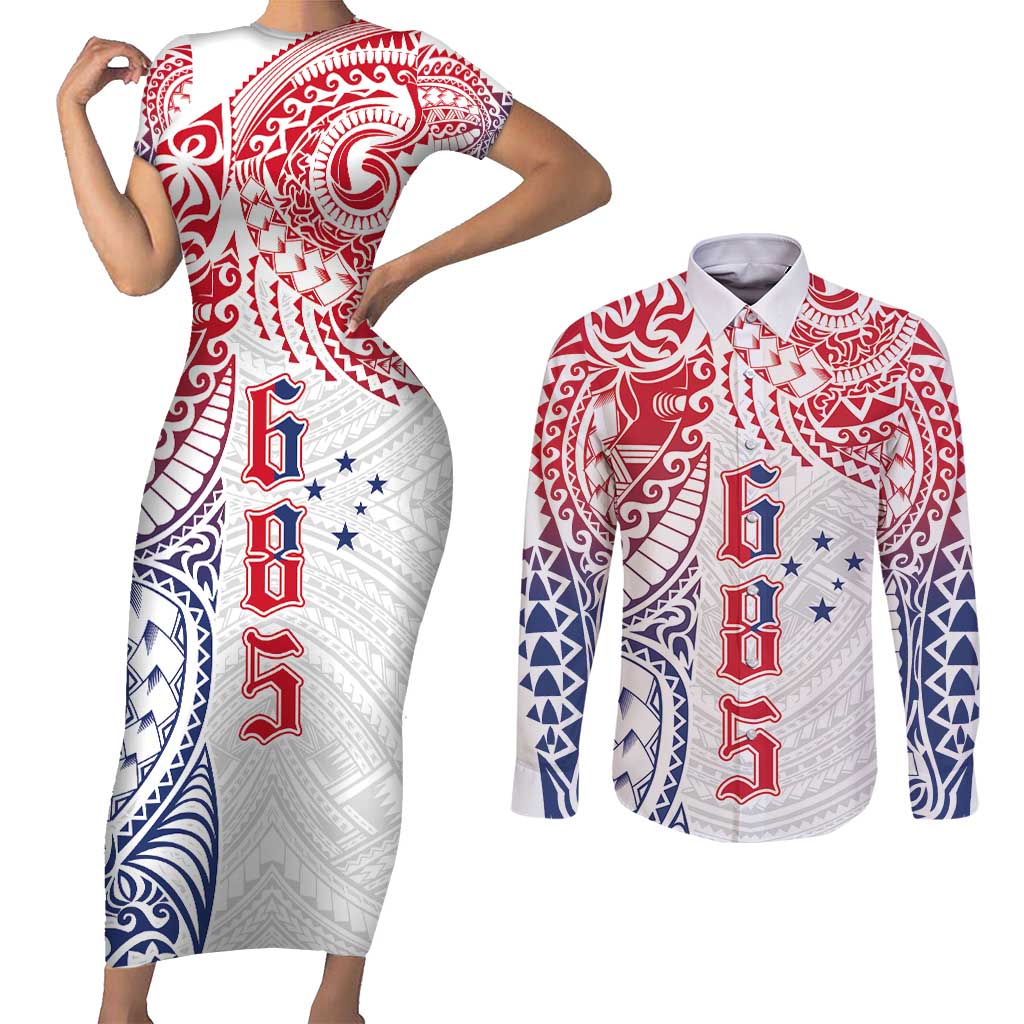 Samoa 685 Art Traditional Tattoo Pattern Couples Matching Short Sleeve Bodycon Dress and Long Sleeve Button Shirt Gradient Color