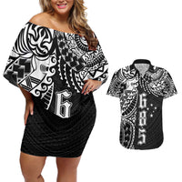 Samoa 685 Art Traditional Tattoo Pattern Couples Matching Off Shoulder Short Dress and Hawaiian Shirt Black Color