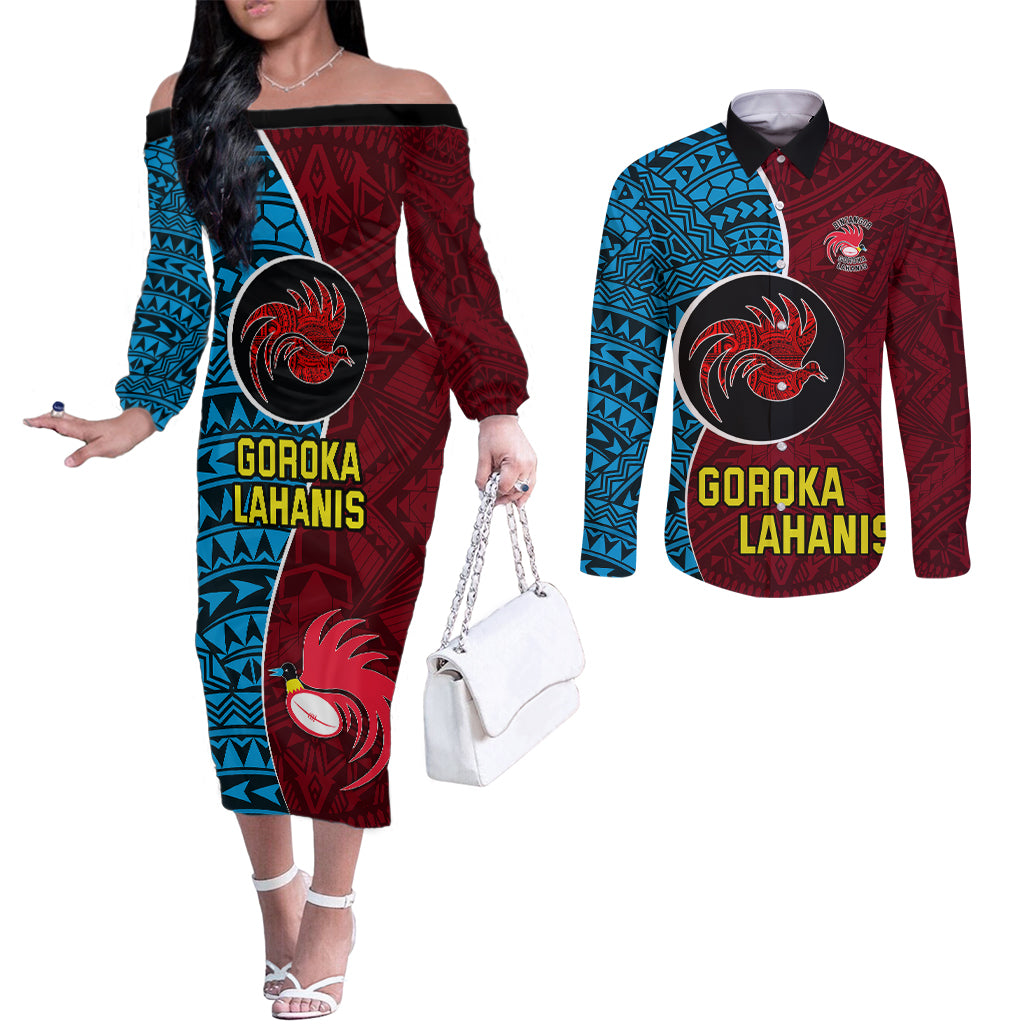 Bintangor Goroka Lahanis Rugby Couples Matching Off The Shoulder Long Sleeve Dress and Long Sleeve Button Shirts Papua New Guinea Polynesian Tattoo LT03 Red - Polynesian Pride