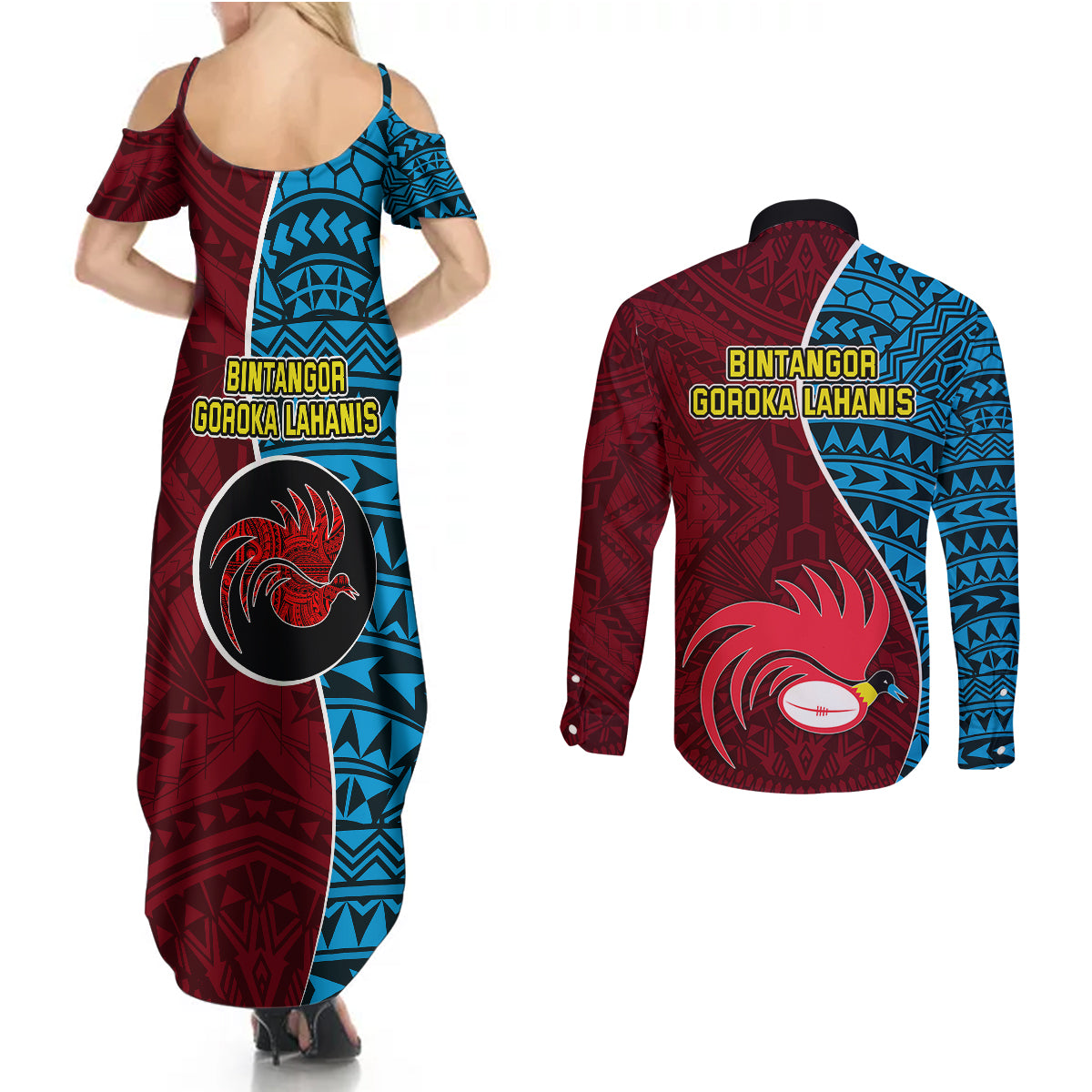 Bintangor Goroka Lahanis Rugby Couples Matching Summer Maxi Dress and Long Sleeve Button Shirts Papua New Guinea Polynesian Tattoo LT03 - Polynesian Pride