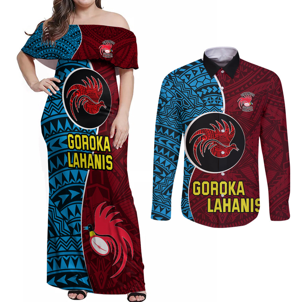 Custom Bintangor Goroka Lahanis Rugby Couples Matching Off Shoulder Maxi Dress and Long Sleeve Button Shirts Papua New Guinea Polynesian Tattoo LT03 Red - Polynesian Pride