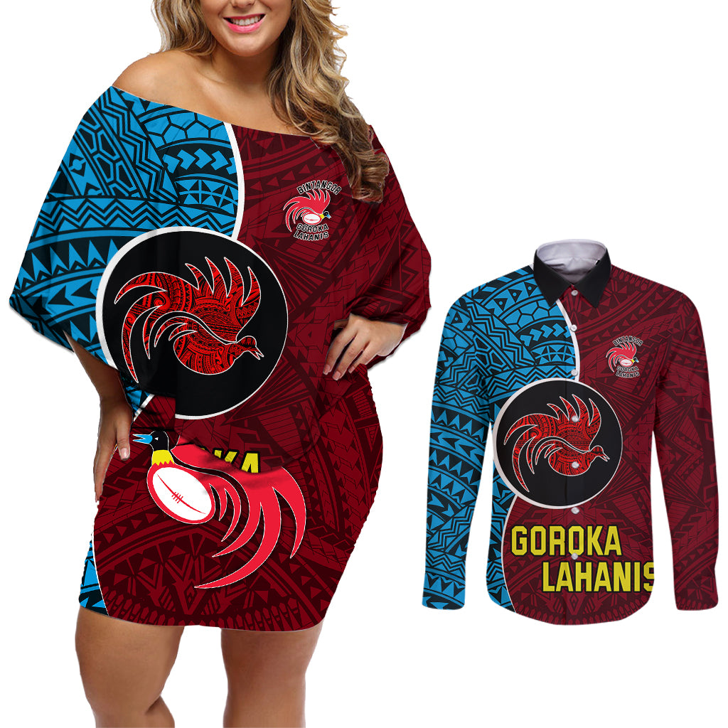 Custom Bintangor Goroka Lahanis Rugby Couples Matching Off Shoulder Short Dress and Long Sleeve Button Shirts Papua New Guinea Polynesian Tattoo LT03 Red - Polynesian Pride