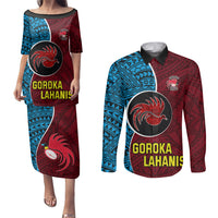 Custom Bintangor Goroka Lahanis Rugby Couples Matching Puletasi Dress and Long Sleeve Button Shirts Papua New Guinea Polynesian Tattoo LT03 Red - Polynesian Pride
