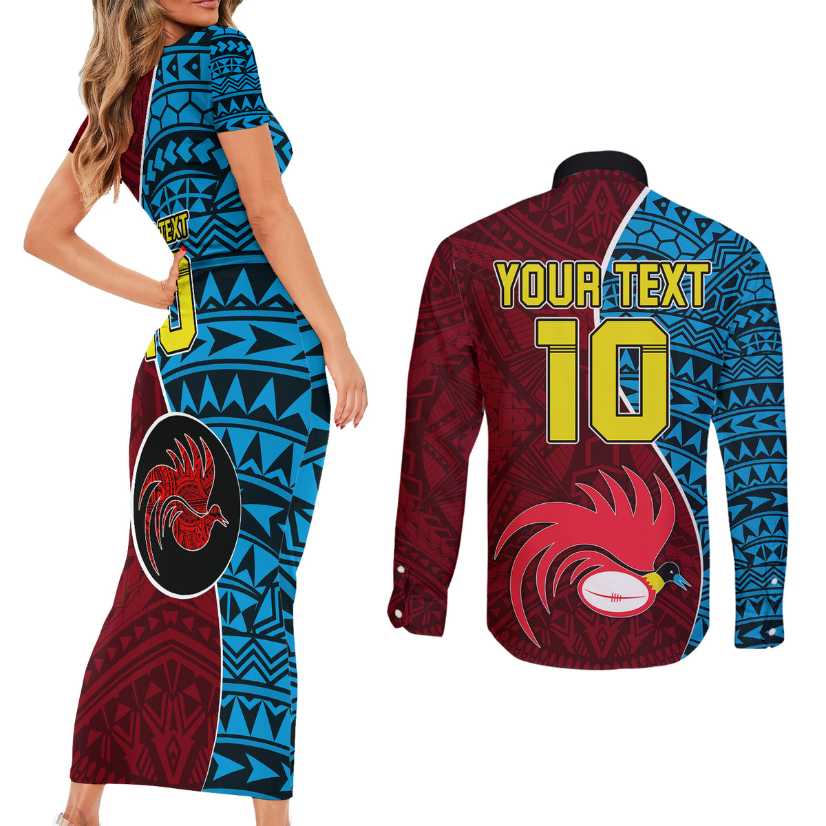 Custom Bintangor Goroka Lahanis Rugby Couples Matching Short Sleeve Bodycon Dress and Long Sleeve Button Shirts Papua New Guinea Polynesian Tattoo LT03 - Polynesian Pride