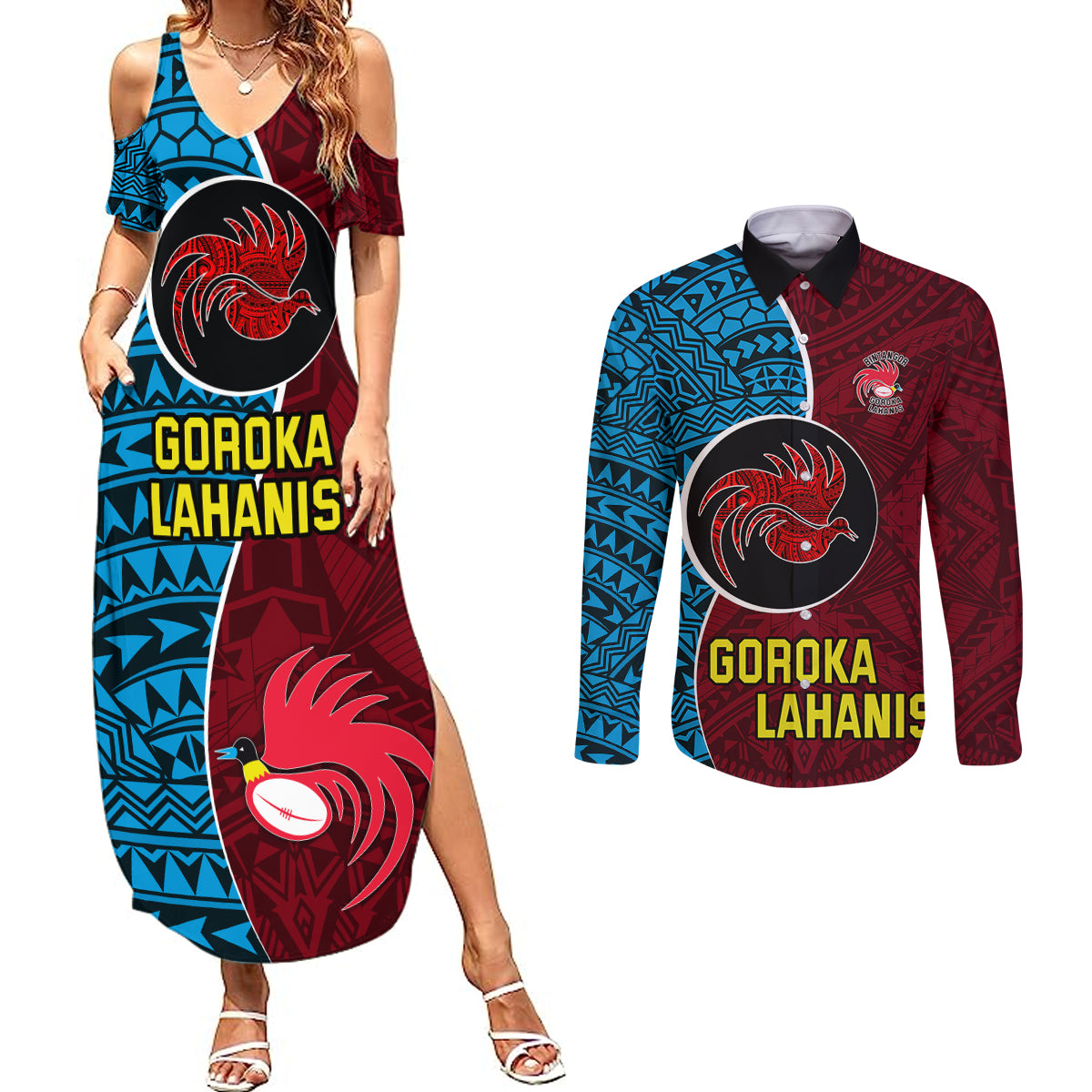 Custom Bintangor Goroka Lahanis Rugby Couples Matching Summer Maxi Dress and Long Sleeve Button Shirts Papua New Guinea Polynesian Tattoo LT03 Red - Polynesian Pride