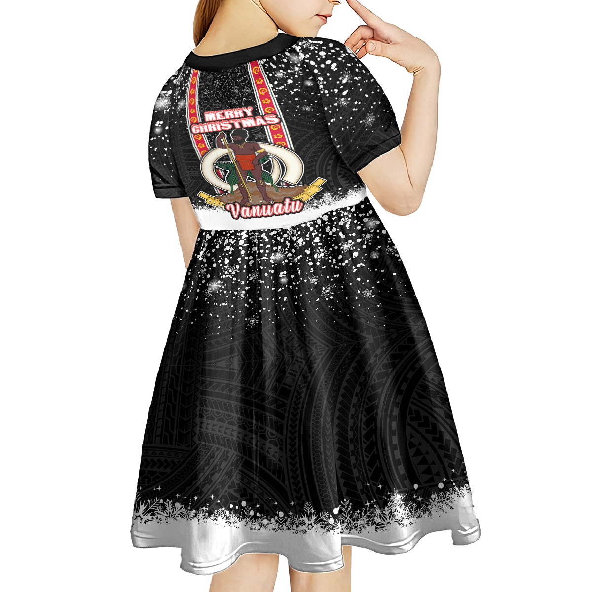 Vanuatu Christmas Kid Short Sleeve Dress Polynesian Tribal Snow Style LT03 - Polynesian Pride