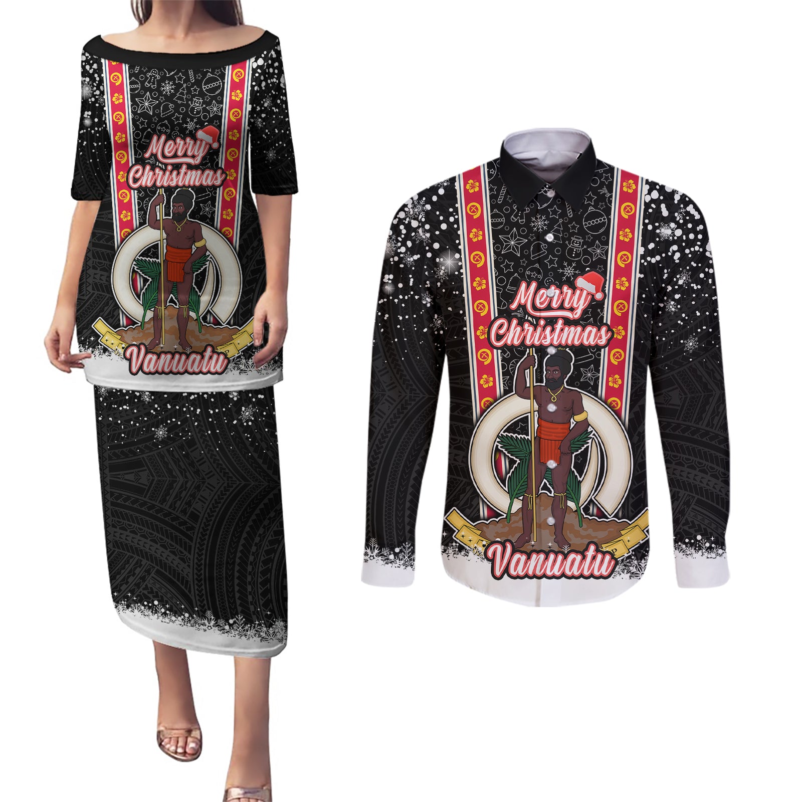 Personalised Vanuatu Christmas Couples Matching Puletasi Dress and Long Sleeve Button Shirts Polynesian Tribal Snow Style LT03 Black - Polynesian Pride