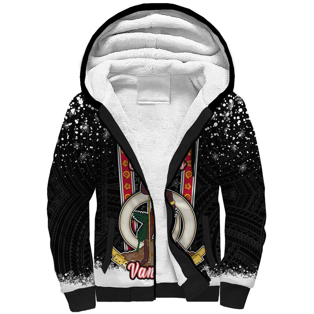Personalised Vanuatu Christmas Sherpa Hoodie Polynesian Tribal Snow Style LT03 Unisex Black - Polynesian Pride