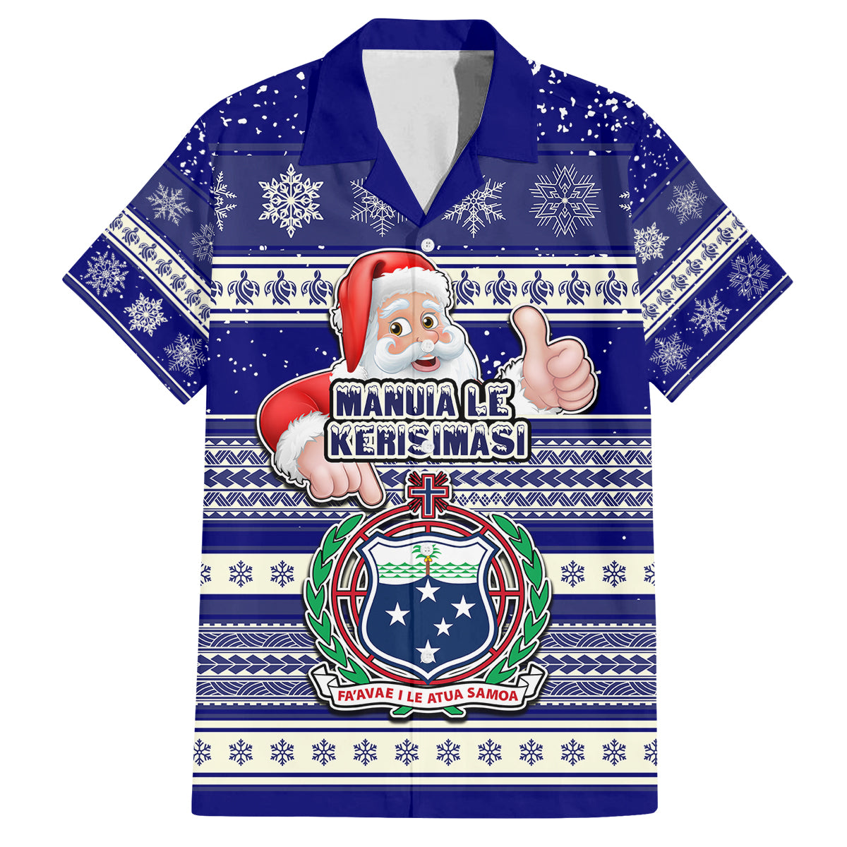 Samoa Christmas Family Matching Off Shoulder Maxi Dress and Hawaiian Shirt The Santa Coat of Arms with Samoa Bracelet Pattern LT03 Dad's Shirt - Short Sleeve Blue - Polynesian Pride